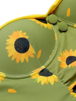 Clearance Retro Stage 1930s Sunflowers Halter Swimsuit Green