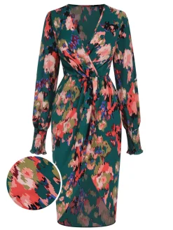 Best Retro Stage 1980s Surplice Floral Tulip Hem Dress Green