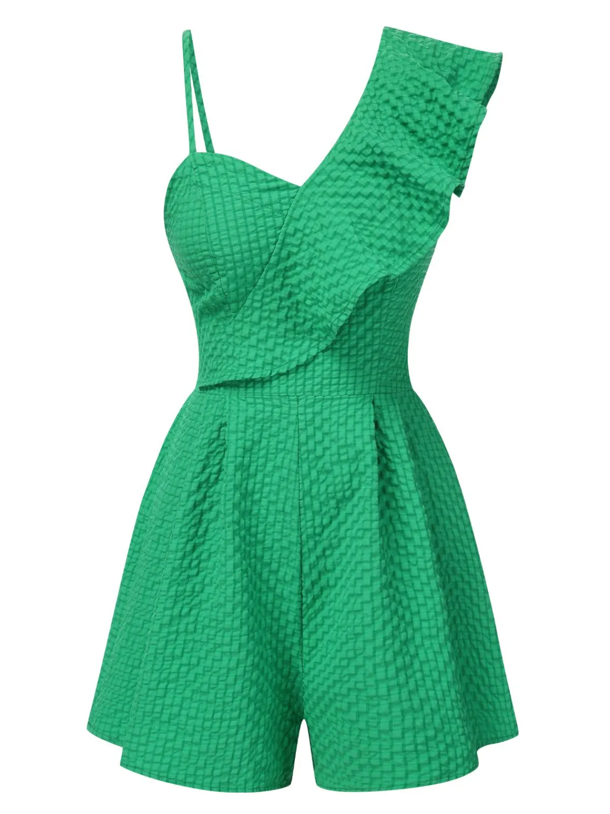 Best Retro Stage 1950s Suspender Ruffle Sleeves Textured Romper Green