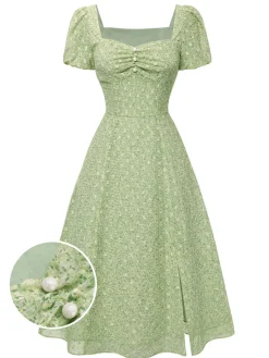 New Retro Stage Green 1940s Sweetheart Ditsy Floral Dress Light Green