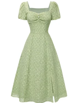 New Retro Stage Green 1940s Sweetheart Ditsy Floral Dress Light Green