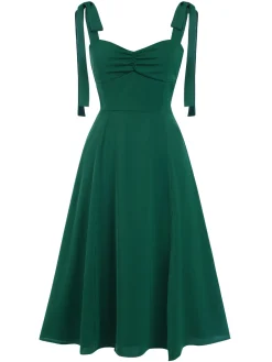 Discount Retro Stage 1940s Sweetheart Neck Lace-Up Slit Dress Green