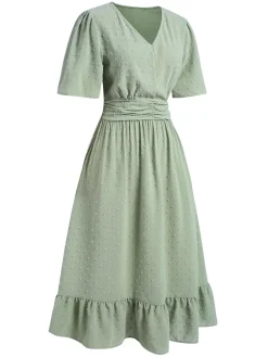 New Retro Stage Green 1940s Swiss Dots Ruffle Hem Dress Light Green