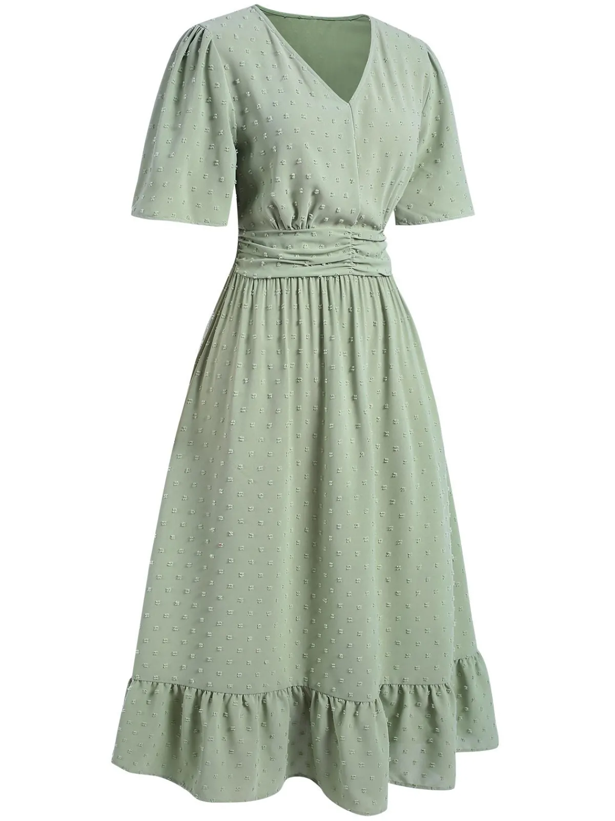 New Retro Stage Green 1940s Swiss Dots Ruffle Hem Dress Light Green