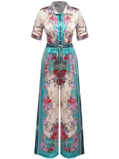 Sale Retro Stage Green 1930s Symmetrical Floral Shirt Collar Jumpsuit Light Green