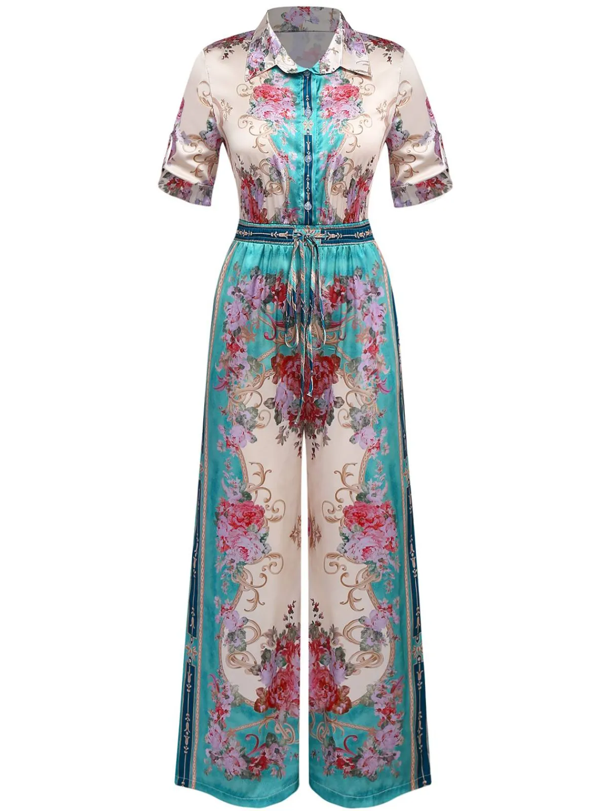 Sale Retro Stage Green 1930s Symmetrical Floral Shirt Collar Jumpsuit Light Green