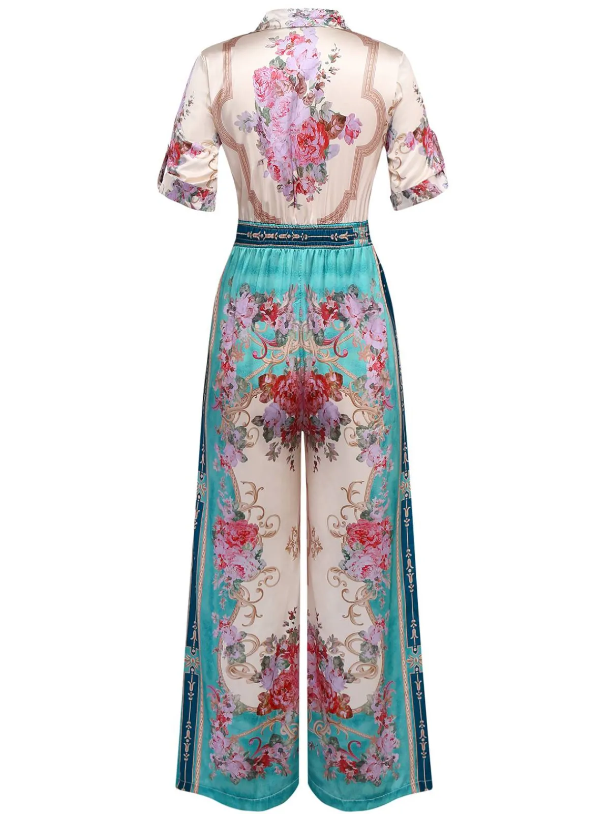 Sale Retro Stage Green 1930s Symmetrical Floral Shirt Collar Jumpsuit Light Green