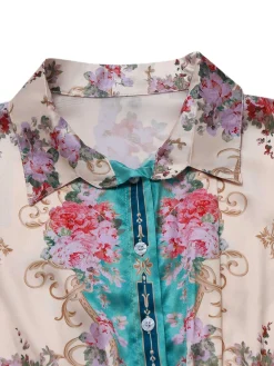 Sale Retro Stage Green 1930s Symmetrical Floral Shirt Collar Jumpsuit Light Green