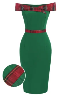 Clearance Retro Stage 1960s Tartan Patchwork Off-Shoulder Dress Green