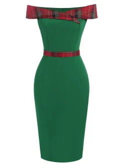 Clearance Retro Stage 1960s Tartan Patchwork Off-Shoulder Dress Green