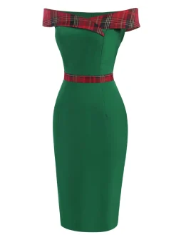 Clearance Retro Stage 1960s Tartan Patchwork Off-Shoulder Dress Green