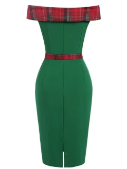 Clearance Retro Stage 1960s Tartan Patchwork Off-Shoulder Dress Green