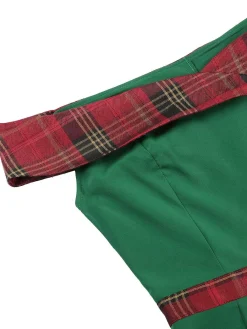 Clearance Retro Stage 1960s Tartan Patchwork Off-Shoulder Dress Green