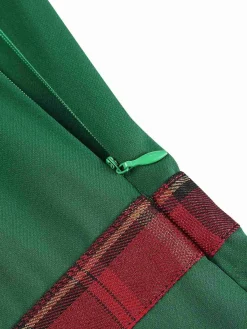 Clearance Retro Stage 1960s Tartan Patchwork Off-Shoulder Dress Green