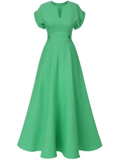 Sale Retro Stage 1930s Temperament V-Neck Solid Dress Green