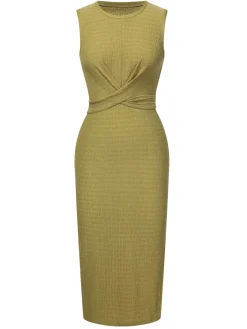 New Retro Stage 1960s Textured Twist Tie Sleeveless Dress Green