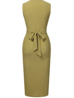 New Retro Stage 1960s Textured Twist Tie Sleeveless Dress Green