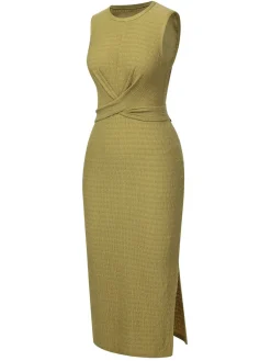 New Retro Stage 1960s Textured Twist Tie Sleeveless Dress Green
