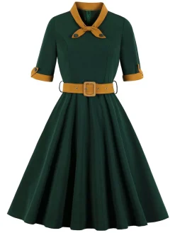 Outlet Retro Stage 1950s Tie Neck Contrast Patchwork Dress Green