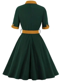Outlet Retro Stage 1950s Tie Neck Contrast Patchwork Dress Green