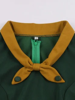 Outlet Retro Stage 1950s Tie Neck Contrast Patchwork Dress Green