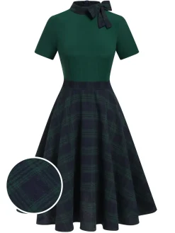 Outlet Retro Stage 1950s Tie Neck Plaids Patchwork Dress Green