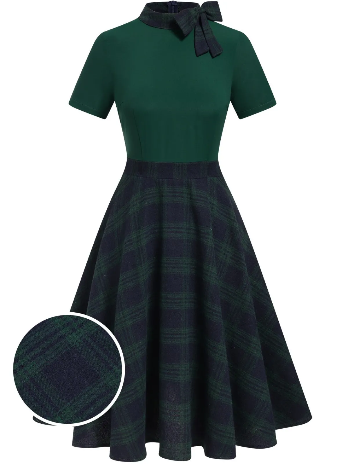Outlet Retro Stage 1950s Tie Neck Plaids Patchwork Dress Green