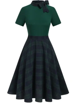 Outlet Retro Stage 1950s Tie Neck Plaids Patchwork Dress Green