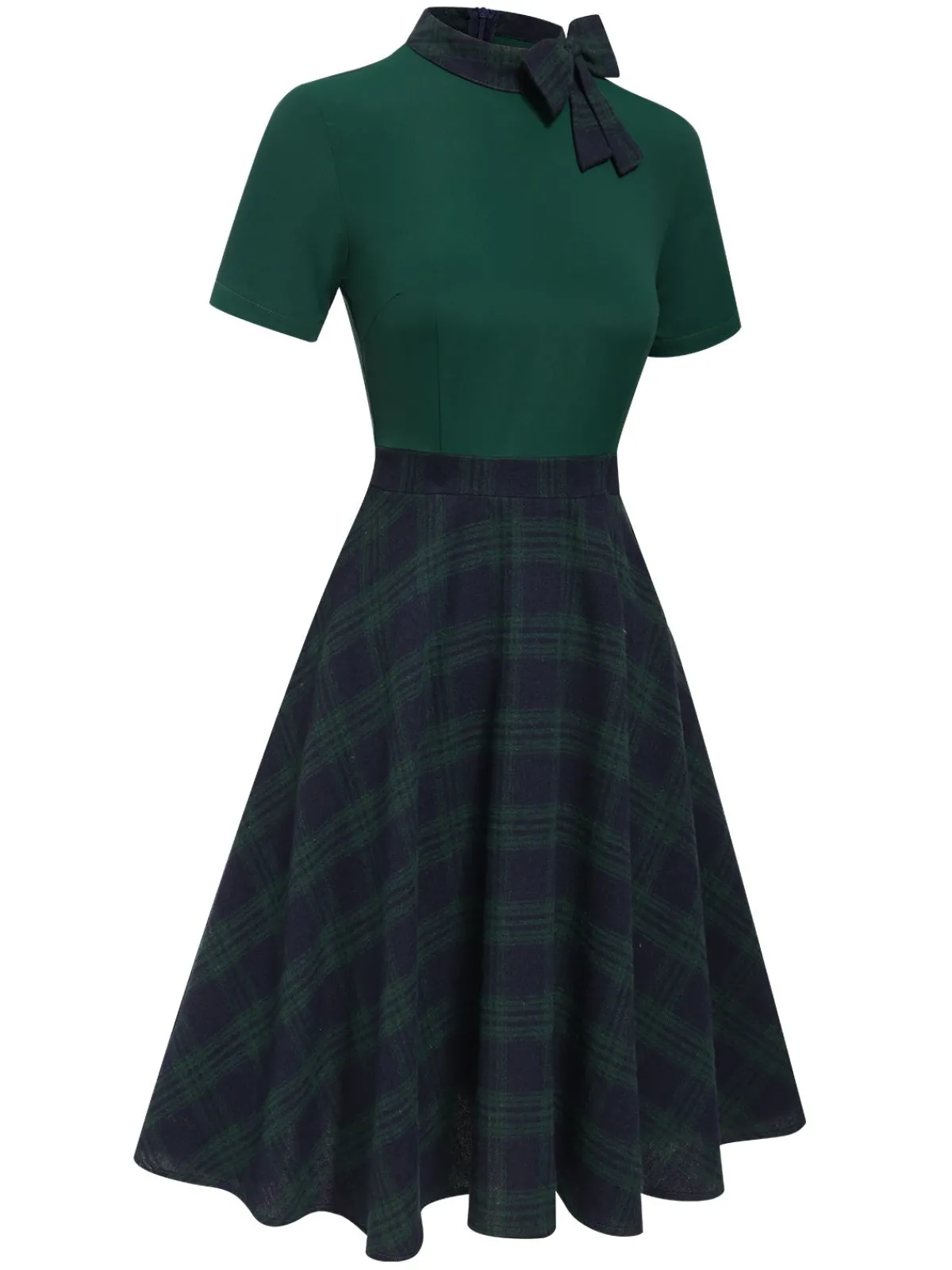Outlet Retro Stage 1950s Tie Neck Plaids Patchwork Dress Green