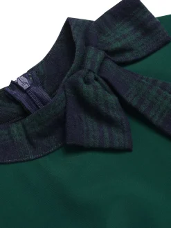 Outlet Retro Stage 1950s Tie Neck Plaids Patchwork Dress Green