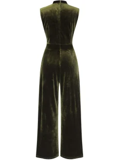Discount Retro Stage 1940s Tie Neck Velvet Jumpsuit Green