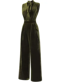 Discount Retro Stage 1940s Tie Neck Velvet Jumpsuit Green