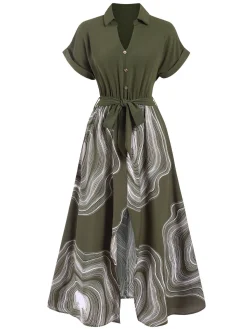 Hot Retro Stage 1940s Tree Rings Belted Lapel Dress Green