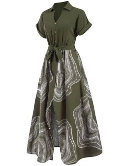 Hot Retro Stage 1940s Tree Rings Belted Lapel Dress Green