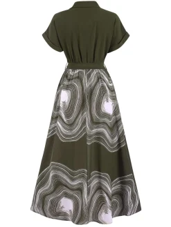 Hot Retro Stage 1940s Tree Rings Belted Lapel Dress Green