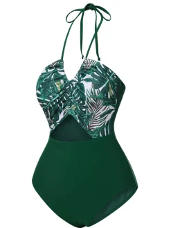 New Retro Stage 1940s Tropical Hollow Out One-Piece Swimsuit Green