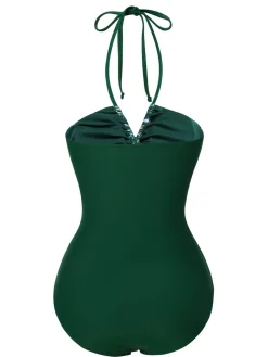 New Retro Stage 1940s Tropical Hollow Out One-Piece Swimsuit Green