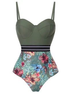 Best Retro Stage 1970s Tropical Patchwork Strap Swimsuit Green
