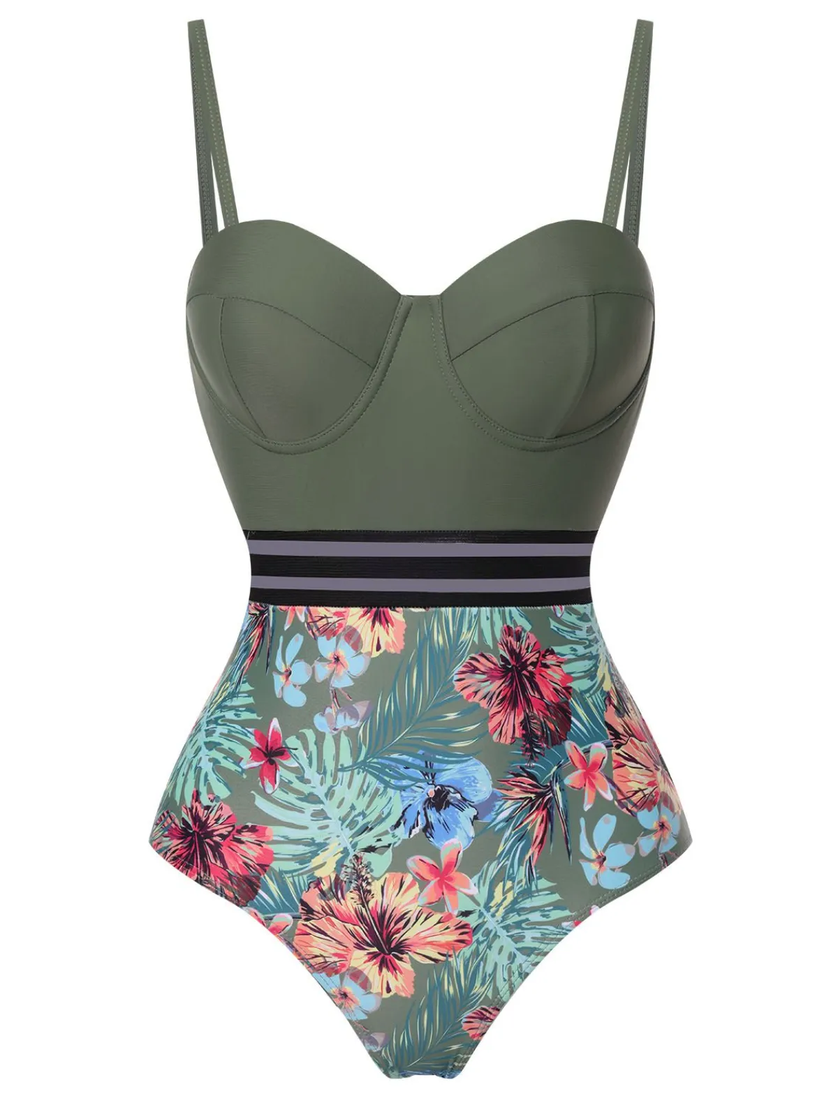 Best Retro Stage 1970s Tropical Patchwork Strap Swimsuit Green
