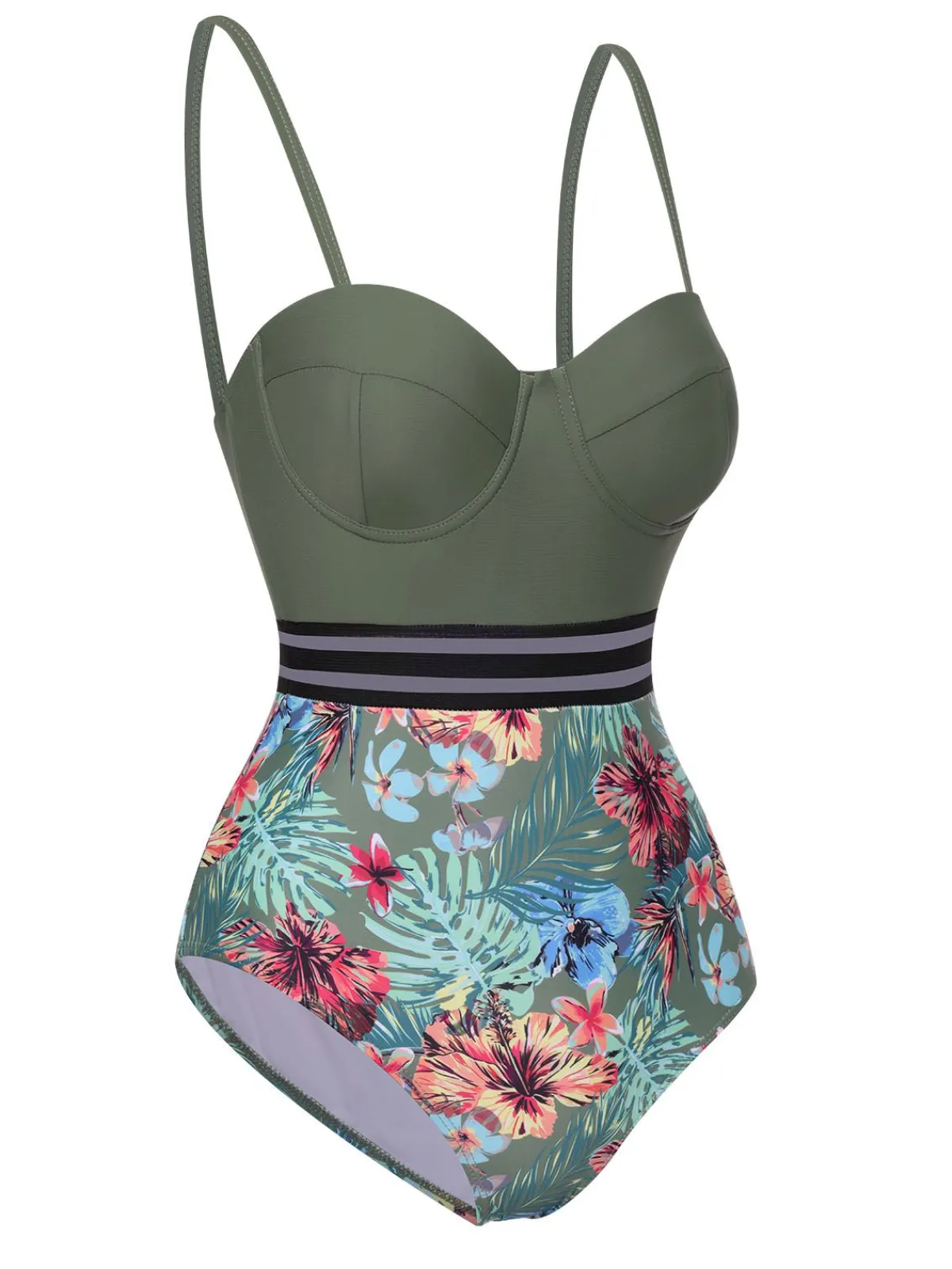 Best Retro Stage 1970s Tropical Patchwork Strap Swimsuit Green