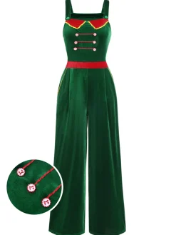 Clearance Retro Stage 1940s Velvet Button-Embellished Jumpsuit Green