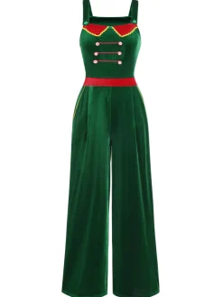 Clearance Retro Stage 1940s Velvet Button-Embellished Jumpsuit Green