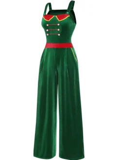 Clearance Retro Stage 1940s Velvet Button-Embellished Jumpsuit Green