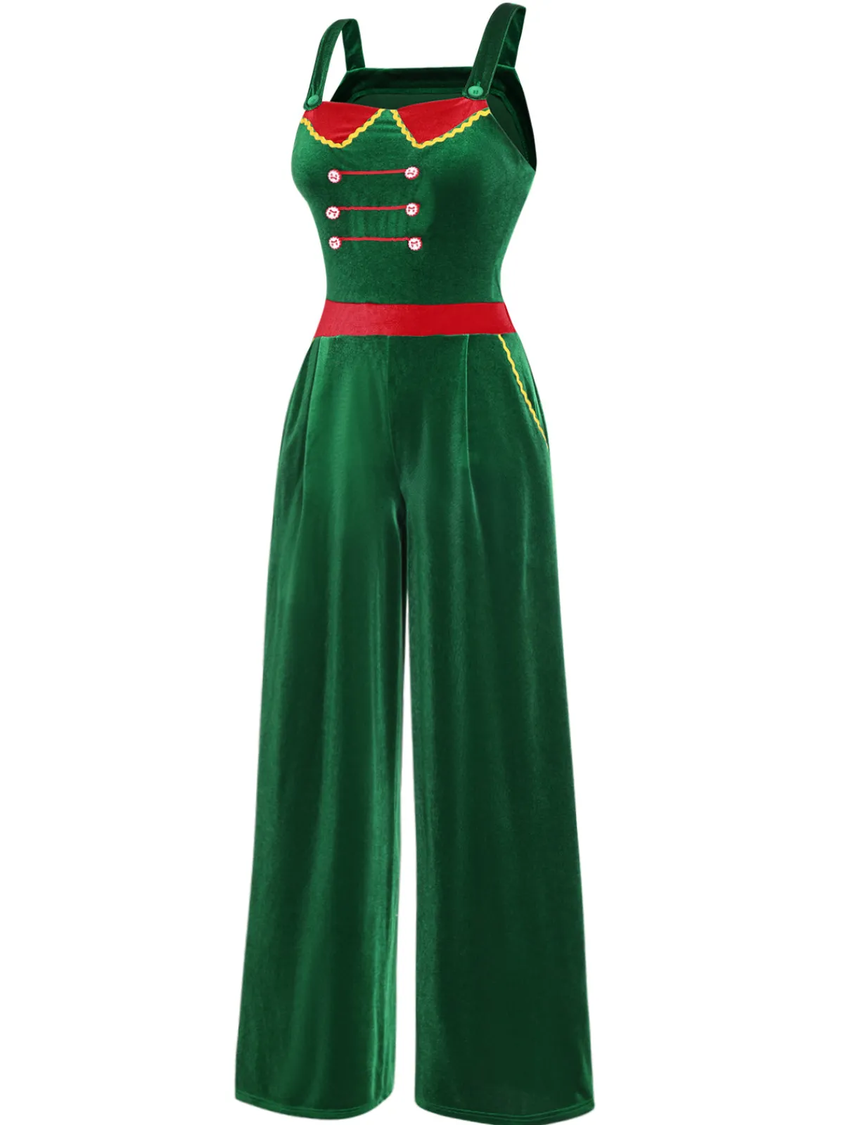 Clearance Retro Stage 1940s Velvet Button-Embellished Jumpsuit Green