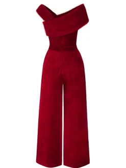 Sale Retro Stage Green 1950s Velvet Off Shoulder Button Jumpsuit