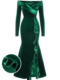 Discount Retro Stage 1930s Velvet Off-Shoulder Ruffle-Trim Mermaid Dress Green