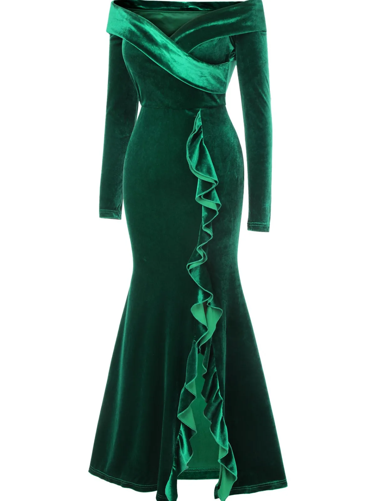 Discount Retro Stage 1930s Velvet Off-Shoulder Ruffle-Trim Mermaid Dress Green