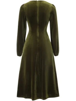 Fashion Retro Stage 1940s Velvet Petal Collar Dress Green