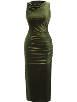 Online Retro Stage 1930s Velvet Pleated Bodycon Dress Green