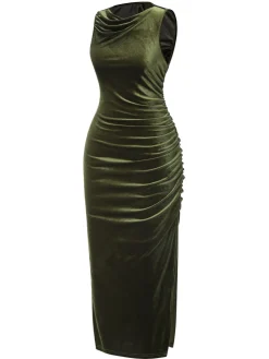 Online Retro Stage 1930s Velvet Pleated Bodycon Dress Green